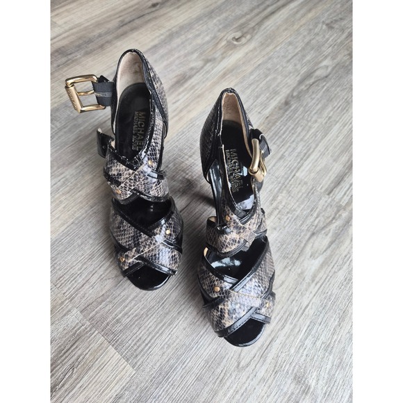Michael Kors Shoes - Michael Kors Snakeskin Print Platform Heels Strappy Black Gold Buckle 6M